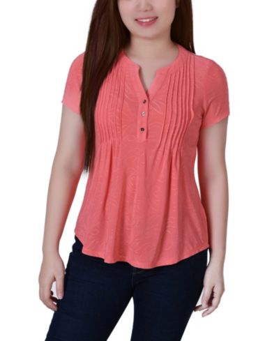 NY Collection Petite Short Sleeve Y Neck Jacquard Knit Top