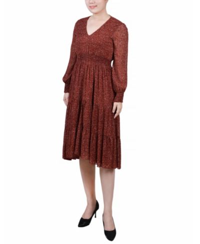 Женское шифоновое платье NY Collection Long-Sleeve Clip Dot с эластичным поясом