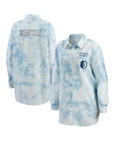 WEAR by Erin Andrews Women's White Seattle Kraken Oversized Tie-Dye Button-Up Denim Shirt