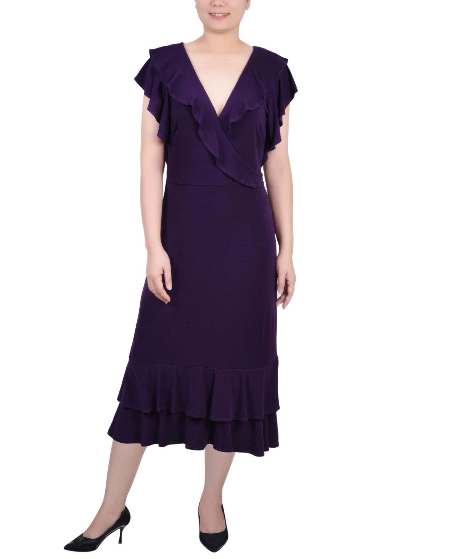 Women's Short Flutter Sleeve Ruffle Neck Dress