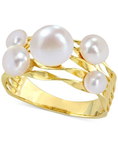 Кольцо Cultured Freshwater Pearl (4- 7-1/2mm) Cluster Openwork в Yellow Rhodium-Plated Sterling Silver