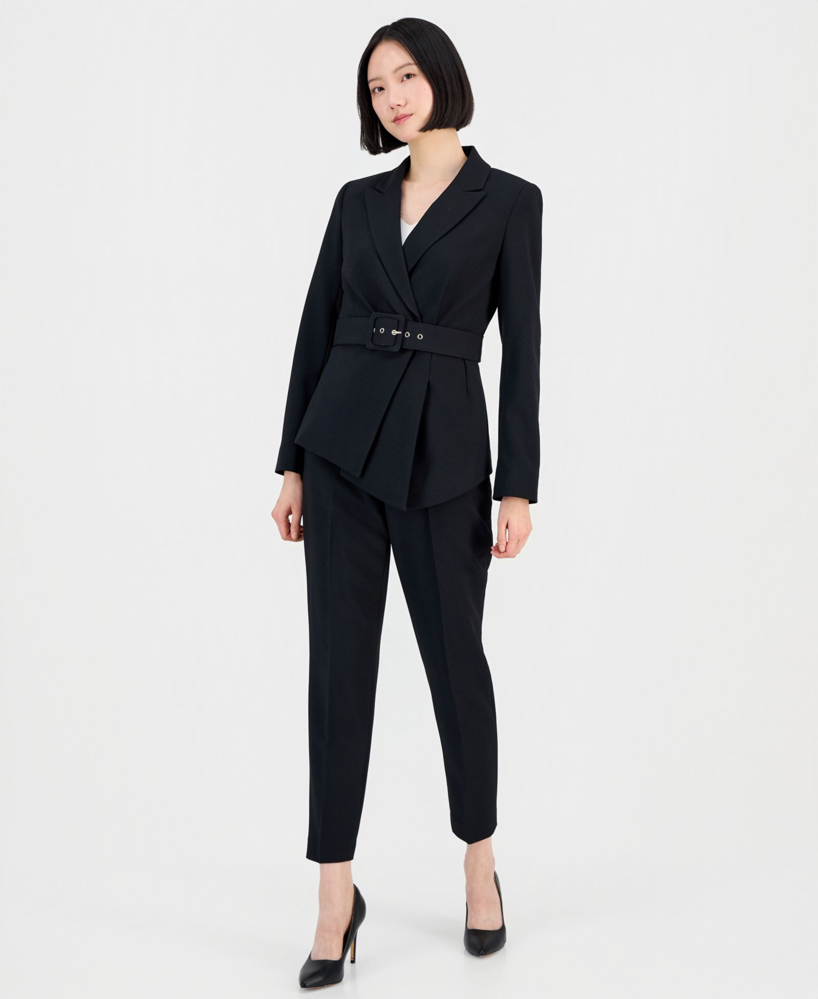Tahari ASL Women's Belted Asymmetrical Jacket & Slim-Fit Pantsuit Set