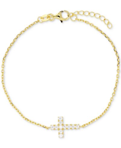 Cubic Zirconia East-West Cross Chain Bracelet in 14k Gold-Plated Sterling Silver