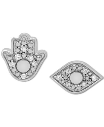 Diamond Hamsa Hand & Evil Eye серьги-гвоздики из стерлингового серебра (1/10 ct. t.w.)