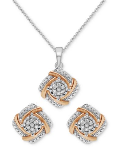 2-Pc. Set Diamond Swirl Pendant Necklace & Matching Stud Earrings (1/6 ct. t.w.) in Sterling Silver & 14k Rose Gold-Plate