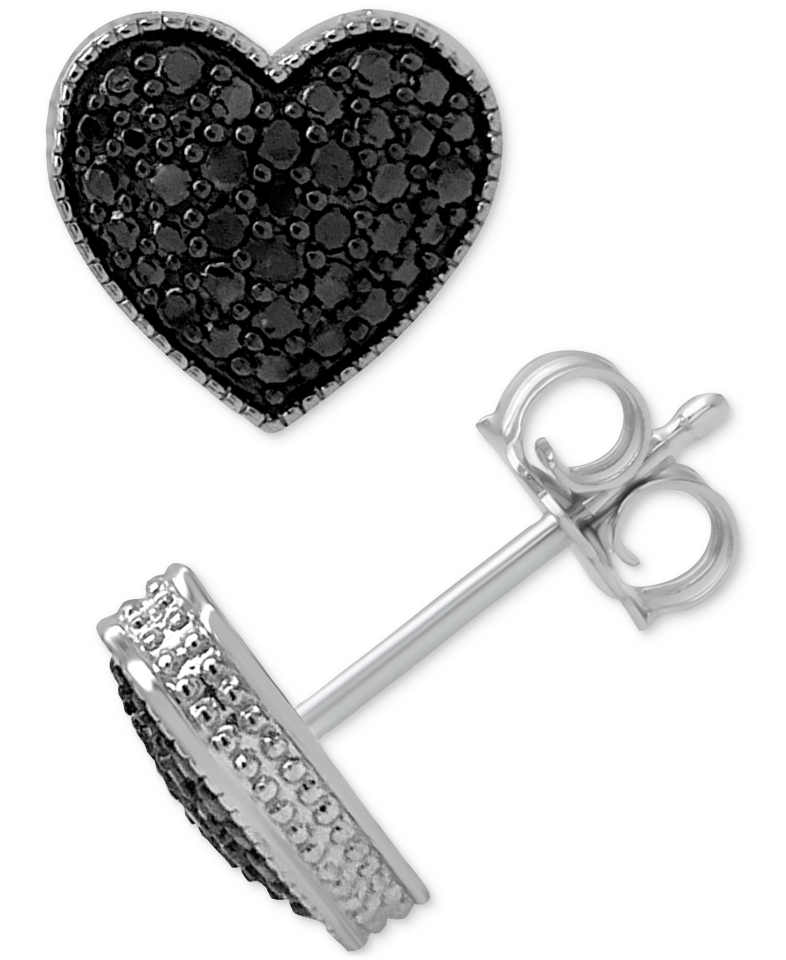 Black Diamond Серьги-гвоздики Pavé Heart из стерлингового серебра (1/6 ct. t.w.)