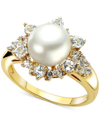 Культивированный речной жемчуг (8mm) и белый топаз (7/8 ct. t.w.) Кольцо из стерлингового серебра с напылением 14k Gold