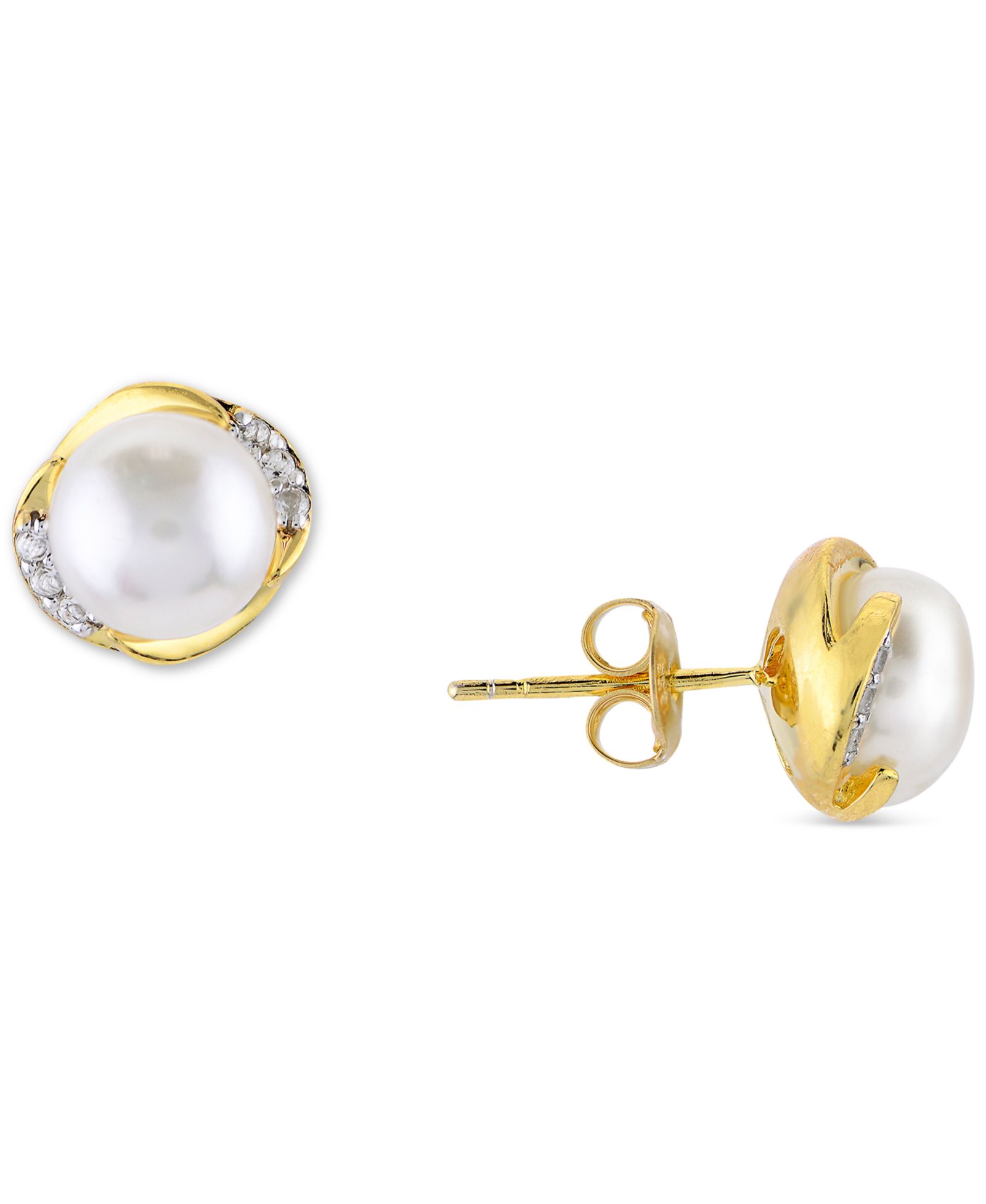 Серьги-гвоздики Cultured Freshwater Pearl (7mm) & White Topaz (1/6 ct. t.w.) в 14k Gold-Plated Sterling Silver