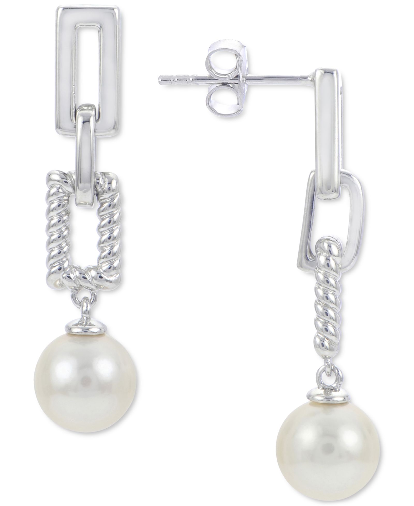 Cultured Freshwater Pearl (8mm) Chain Link Drop Earrings in Sterling Silver