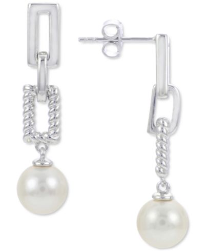 Серьги-подвески из культивированного речного жемчуга (8mm) с цепочкой из стерлингового серебра