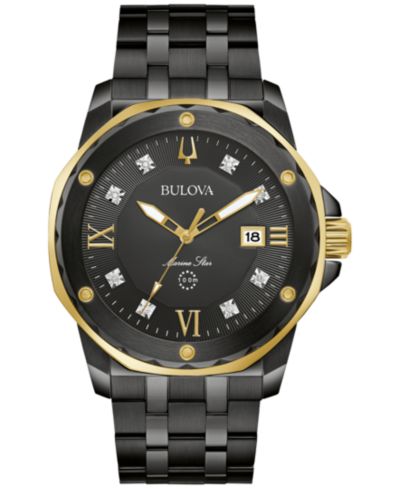Bulova Мужские часы Marine Star с бриллиантами, стальной браслет, 44mm, Black Ion-Plated