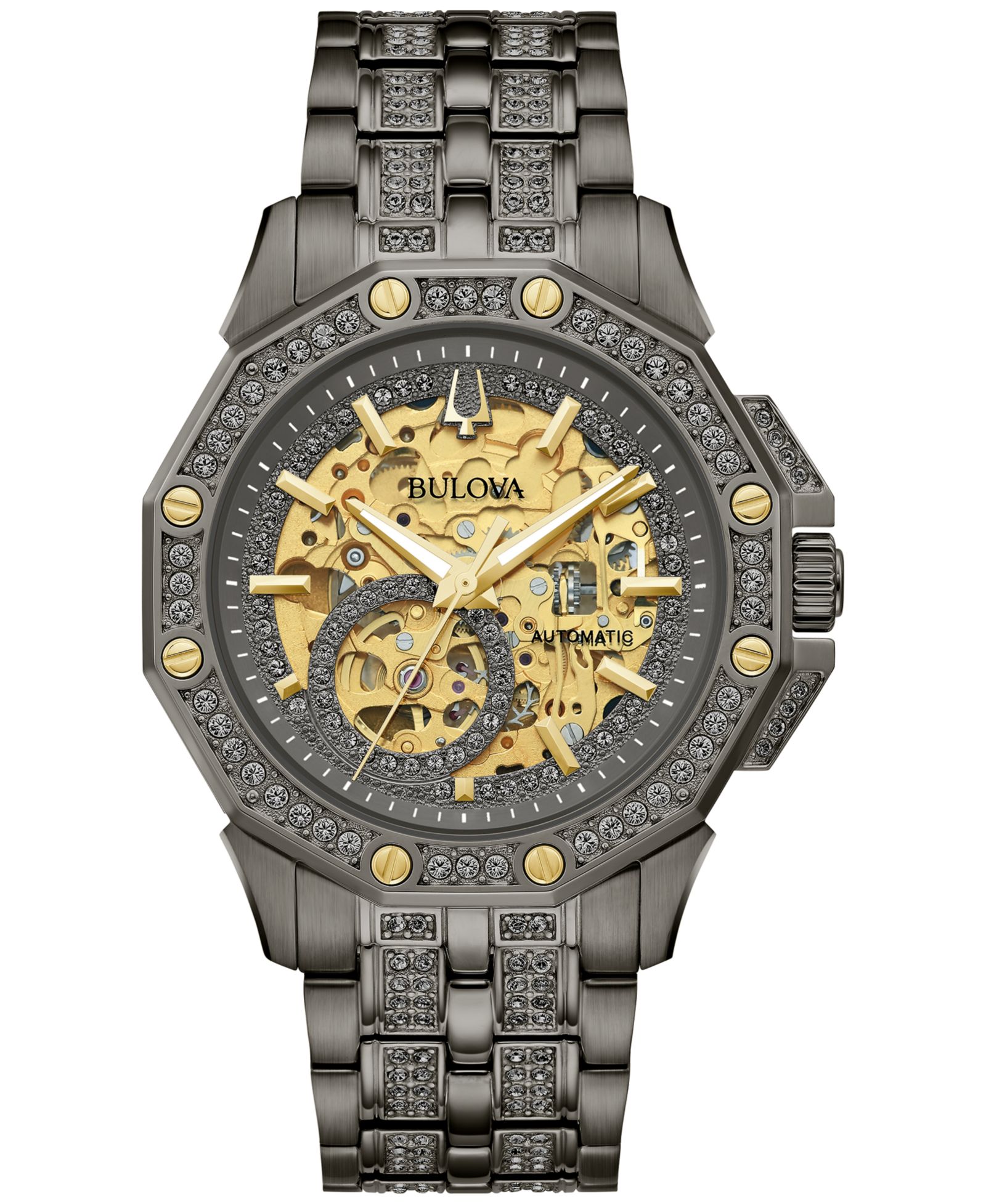 Мужские часы Bulova Octava Automatic с серым стальным браслетом и кристаллами, 41.7mm