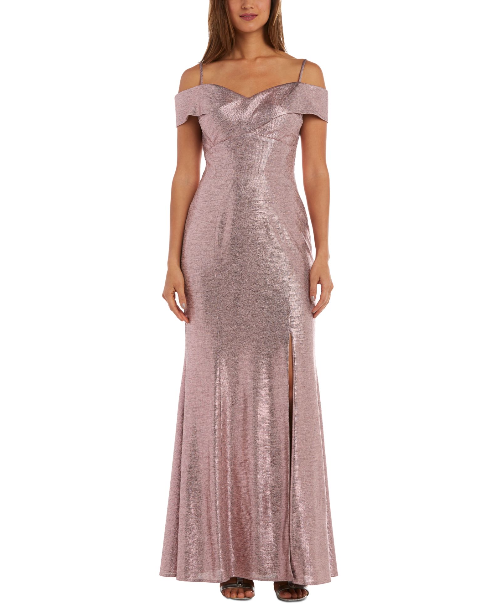 Nightway Cold-Shoulder Foil Gown
