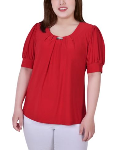 NY Collection Plus Size Short Balloon Sleeve Top with Hardware