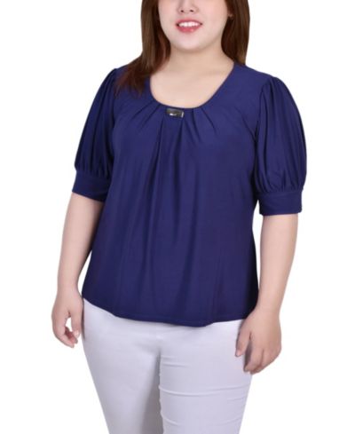 NY Collection Plus Size Short Balloon Sleeve Top with Hardware