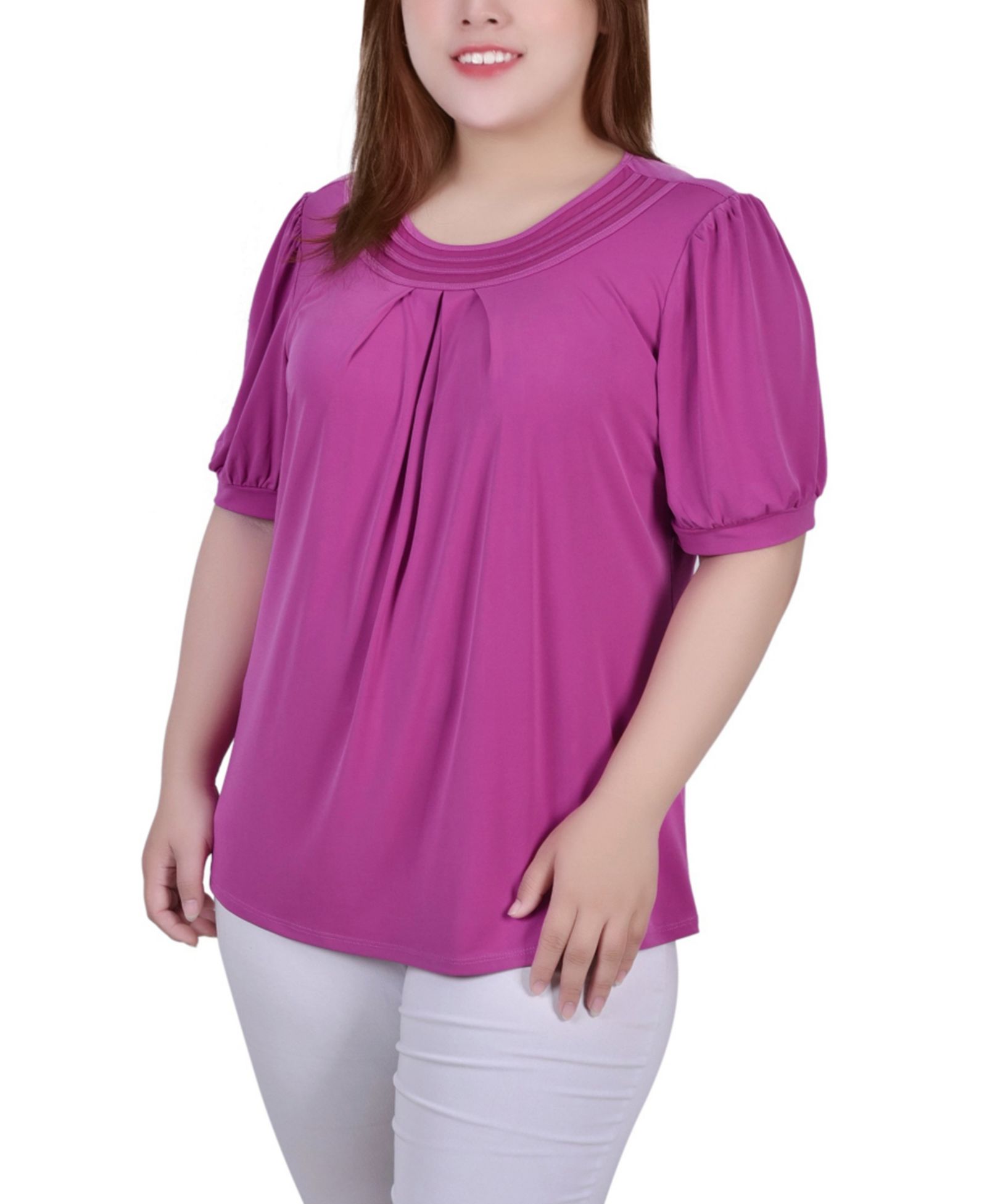 Топ NY Collection Plus Size Short Puff Sleeve Sheer Inset
