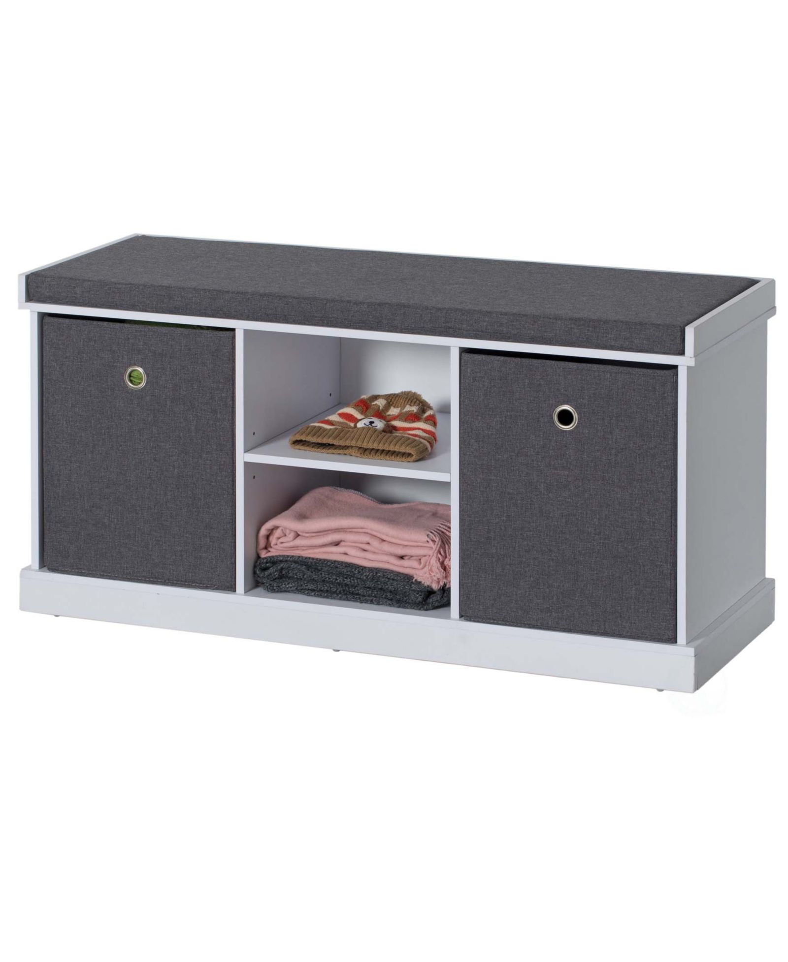 Basicwise MDF Storage Box Shoe Bench with 2 Shelves, Foldable Baskets and a Gray Cushion, White