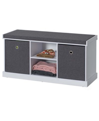 Basicwise MDF Storage Box Shoe Bench with 2 Shelves, Foldable Baskets and a Gray Cushion, White