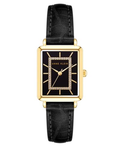 Женские часы Anne Klein в черном искусственном кожаном ремешке с золотистыми дужками, 24x36.3mm