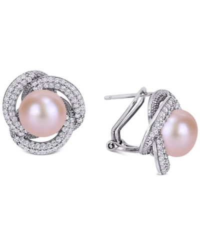 Серьги-гвоздики Macy's с розовым культивированным жемчугом (10-1/2mm) и Cubic Zirconia Love Knot в Sterling Silver