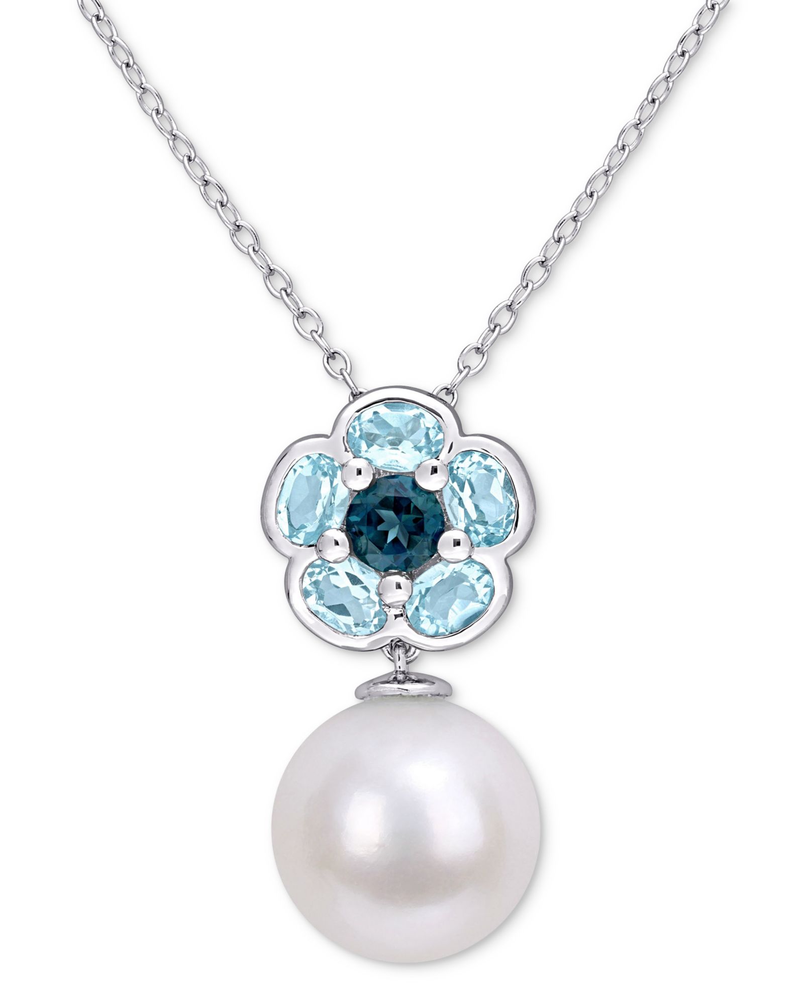 Подвеска с натуральным речным жемчугом (11mm) и голубым топазом (1-3/5 ct. t.w.) 18" из стерлингового серебра