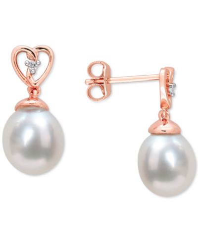 Серьги-подвески Cultured South Sea Oval Pearl (8-9mm) & White Topaz Accent Heart Drop в Rose-Tone Sterling Silver