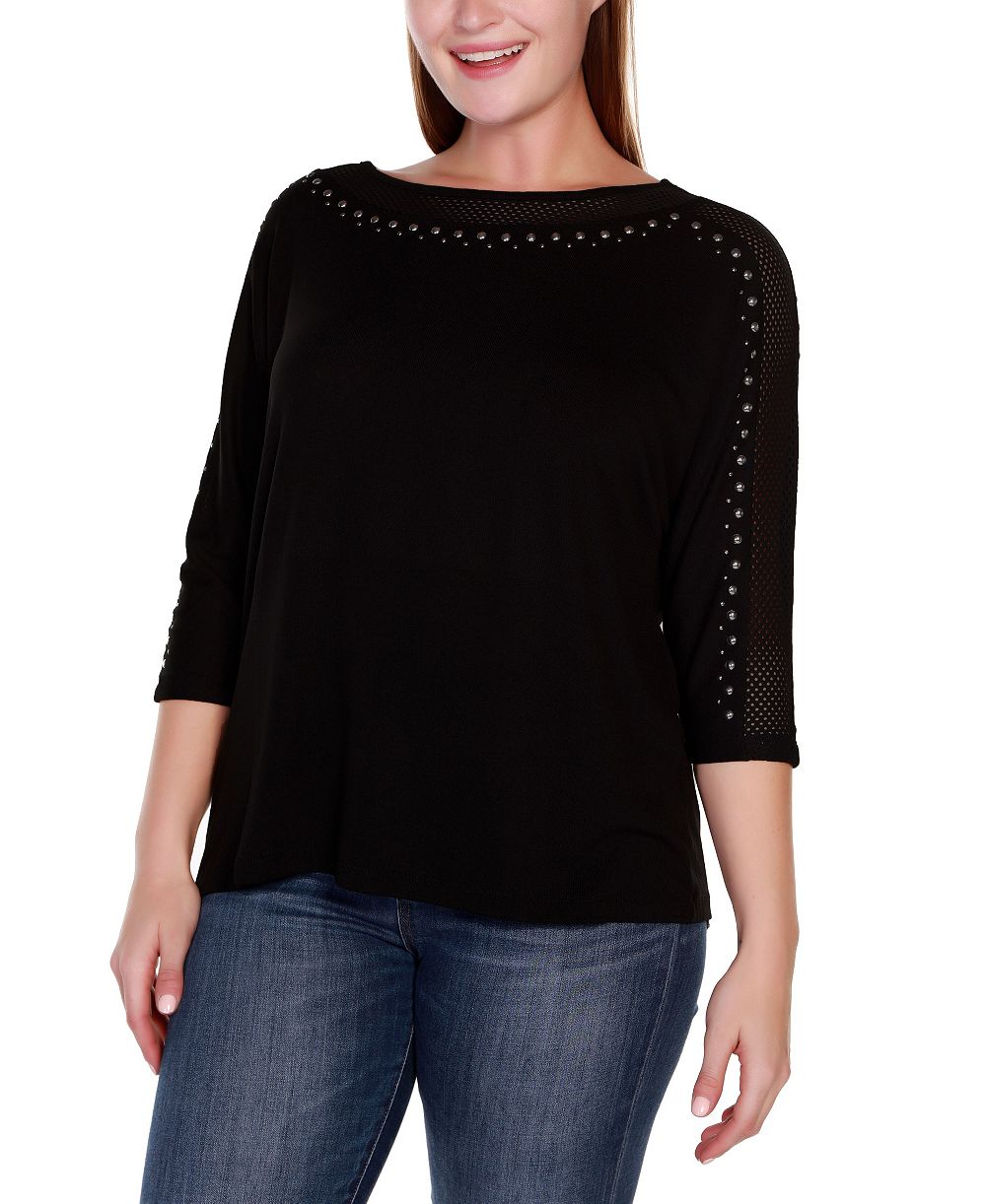 Belldini Plus Size Embellished Dolman with Mesh Inset Top