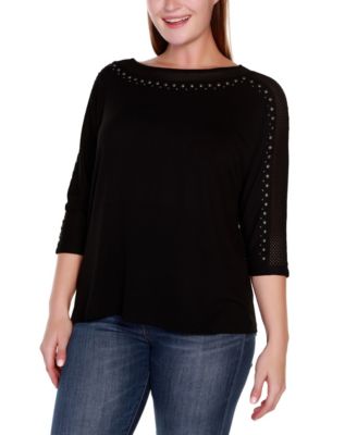 Belldini Plus Size Embellished Dolman with Mesh Inset Top