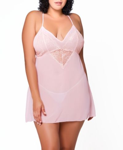 iCollection Ava Plus Size Chiffon & Lace Babydoll 2-Piece Lingerie Set