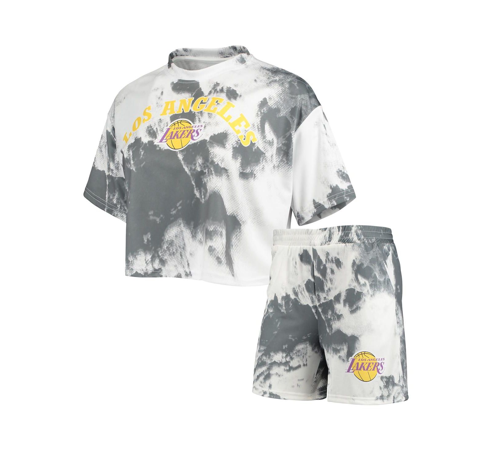 Женский комплект NBA Exclusive Collection White, Black Los Angeles Lakers Tie-Dye Crop Top and Shorts Set