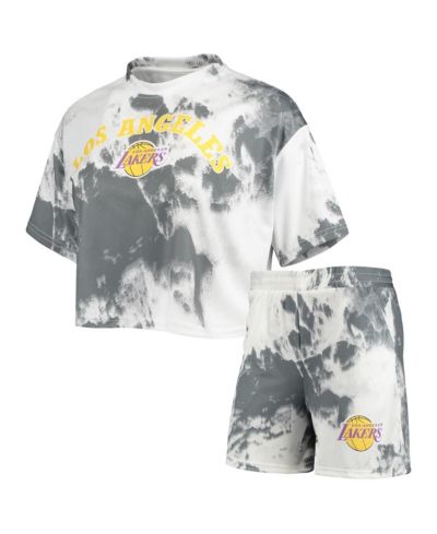 Women's NBA Exclusive Collection White, Black Los Angeles Lakers Tie-Dye Crop Top and Shorts Set