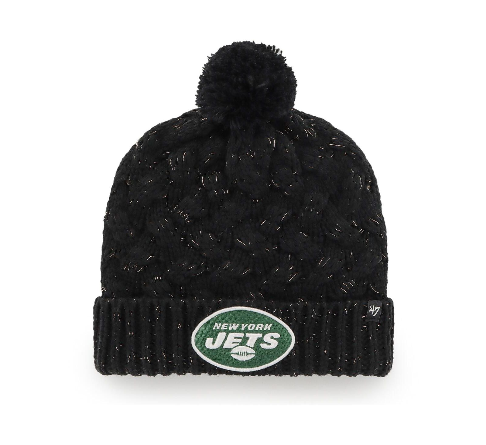 Женская вязаная шапка '47 Black New York Jets Fiona Logo Cuffed Knit with Pom
