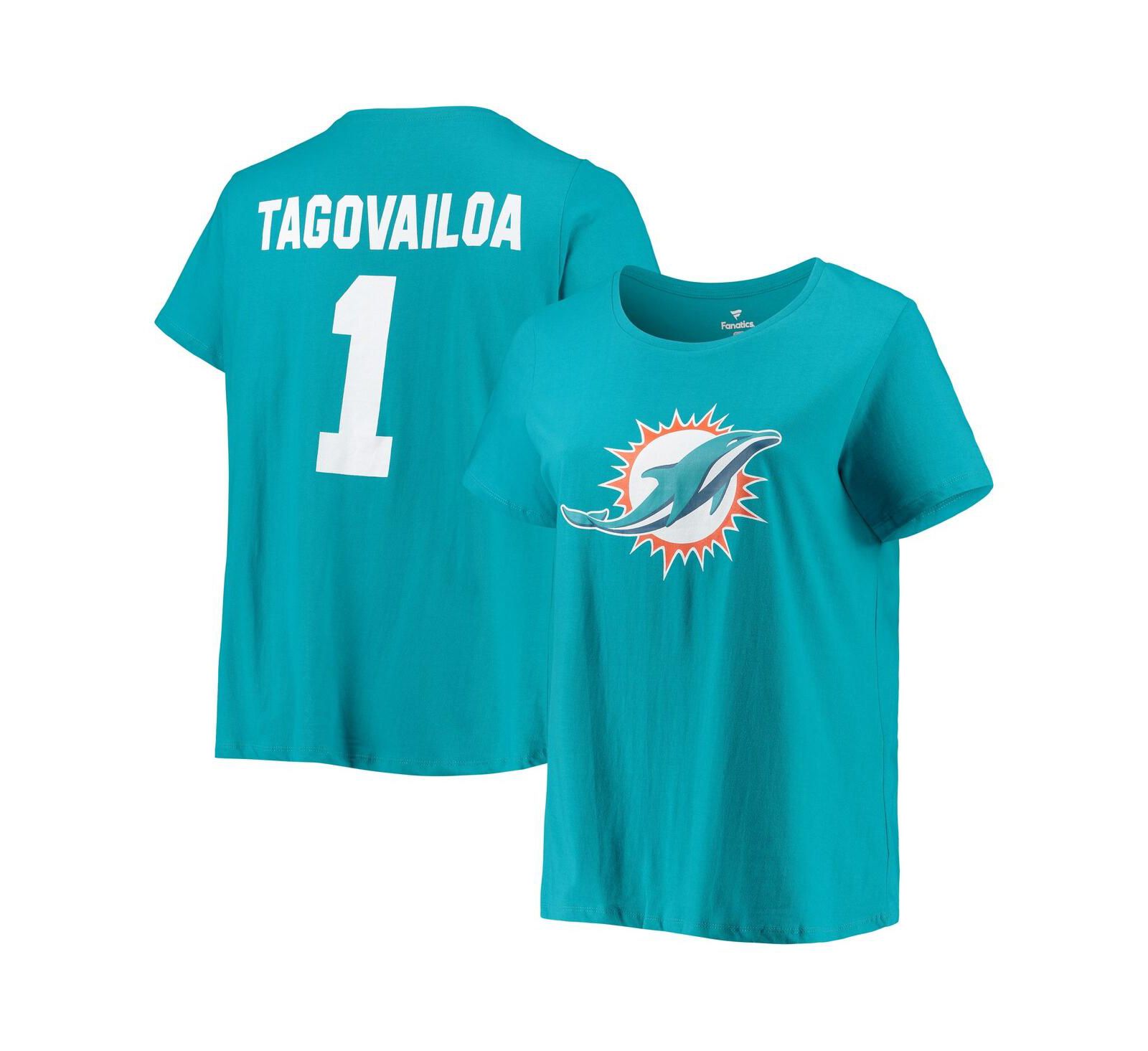 Women's Fanatics Tua Tagovailoa Aqua Miami Dolphins Plus Size Name and Number T-shirt