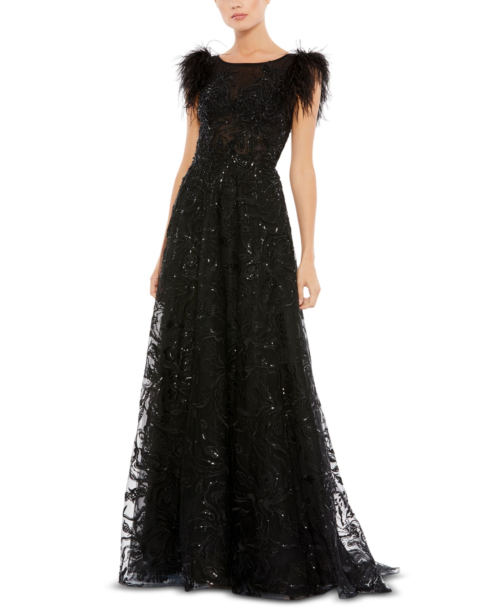 Mac Duggal Женское Embellished Feather Cap Sleeve Bateau A Line Gown