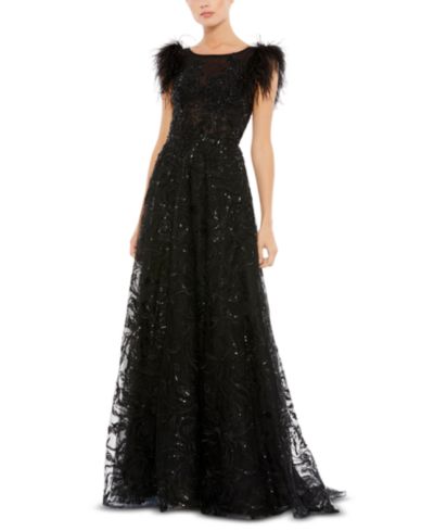 Mac Duggal Женское Embellished Feather Cap Sleeve Bateau A Line Gown