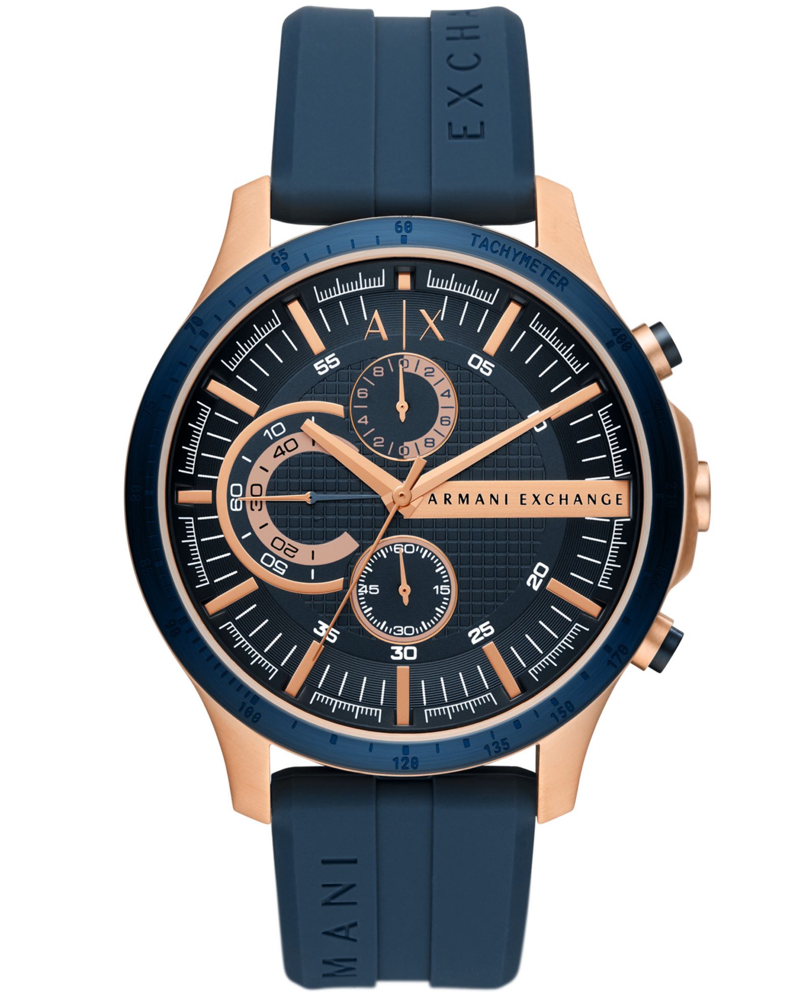 Мужские часы A|X Armani Exchange Chronograph в цвете Rose Gold-tone из нержавеющей стали с темно-синим силиконовым ремешком, 46mm