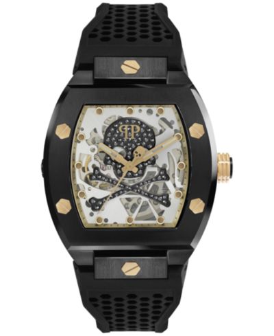 Мужские часы Philipp Plein Automatic The $keleton Black & Gold-Tone Tonneau Strap 44mm
