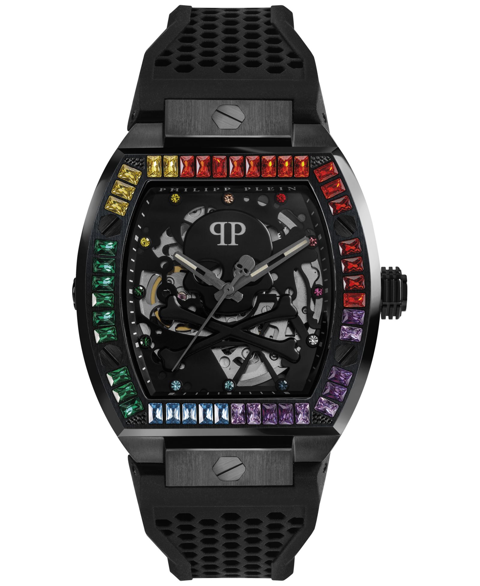 Philipp Plein Men's Automatic The $keleton Rainbow Crystal and Black Silicone Strap Watch 44mm