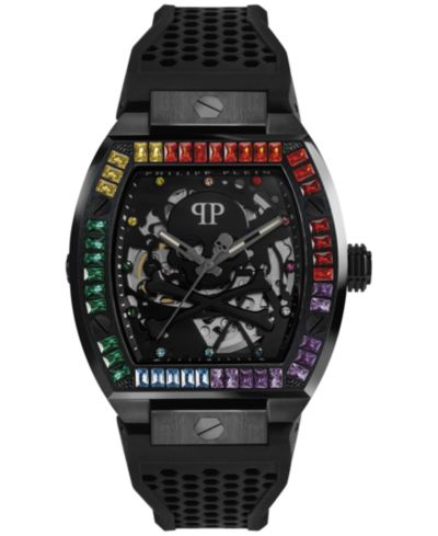 Мужские часы Philipp Plein Automatic The $keleton с радужными кристаллами и черным силиконовым ремешком 44mm
