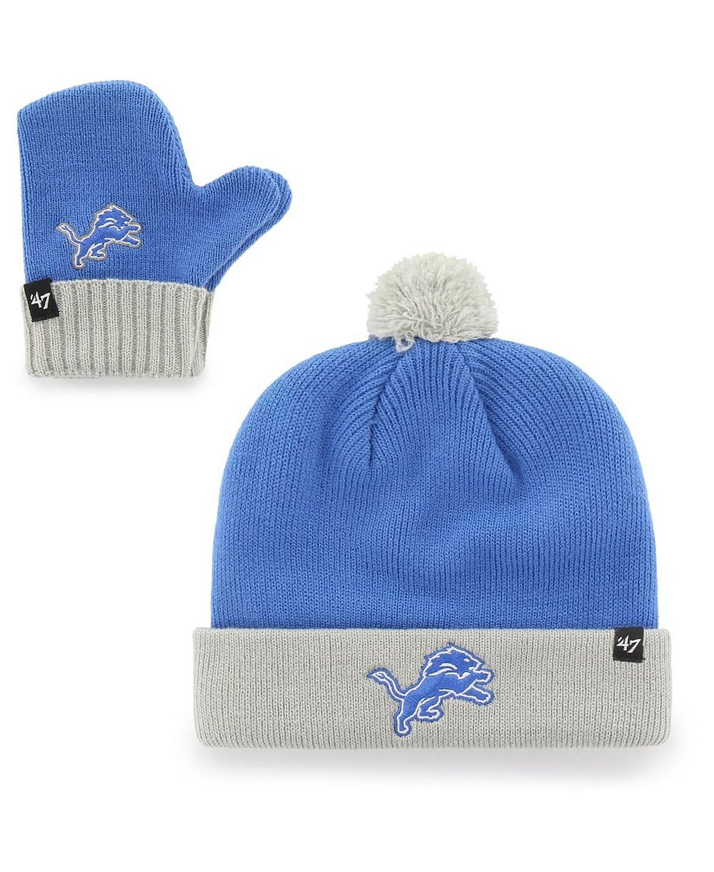 '47 Brand Детский Blue and Silver Detroit Lions Bam Bam Cuffed Knit Hat with Pom and Mittens Set