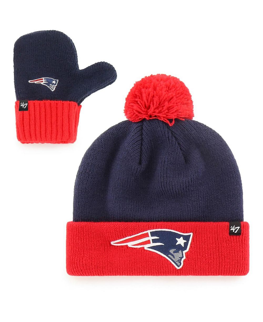 '47 Brand Детский набор Navy/Red New England Patriots Bam Bam Cuffed Knit Hat с помпоном и варежки