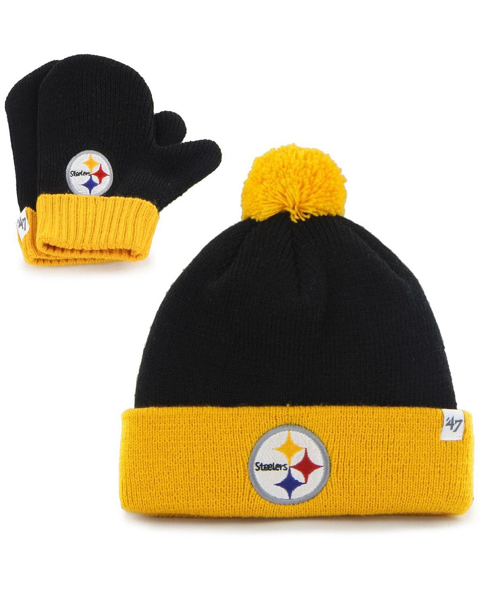 Детский комплект из вязаной шапки с помпоном и варежек Pittsburgh Steelers в черном и золотом цвете