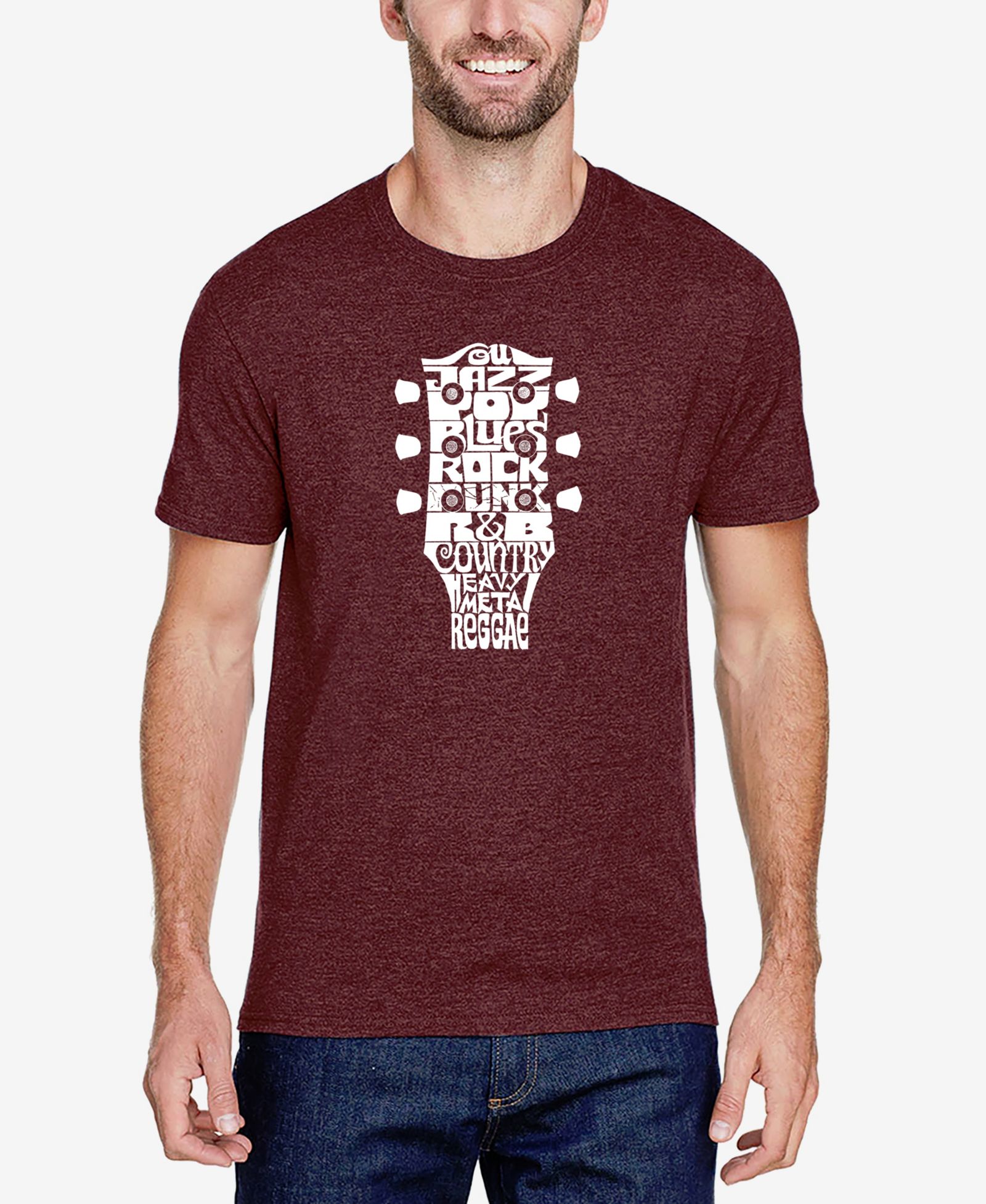 LA Pop Art Men's Cotton/Poly Blend Word Art T-Shirt - Guitar Head Music Genres