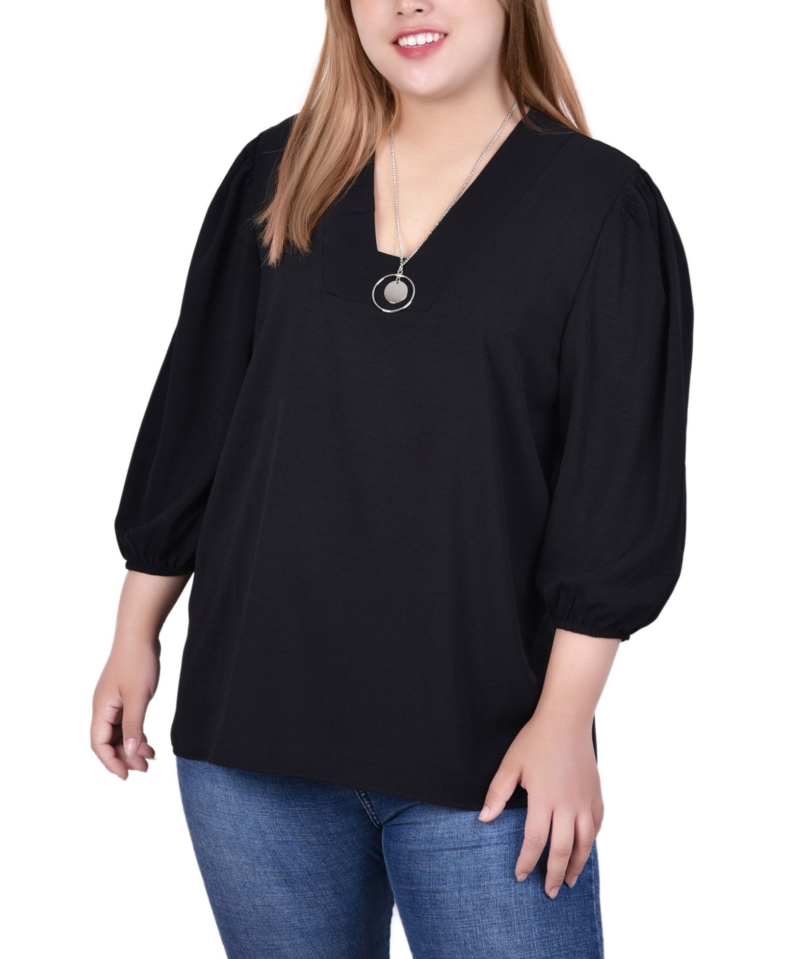 Топ Plus Size с пышными рукавами и отстегивающимся ожерельем NY Collection