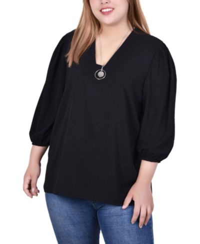 Plus Size 3/4 Puff Sleeve Top with Detachable Necklace