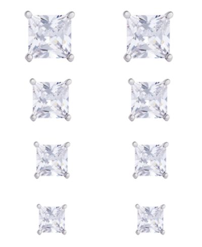 Женские Fine Silver Plated Square Cubic Zirconia Stud Earrings Set, 8 Pieces