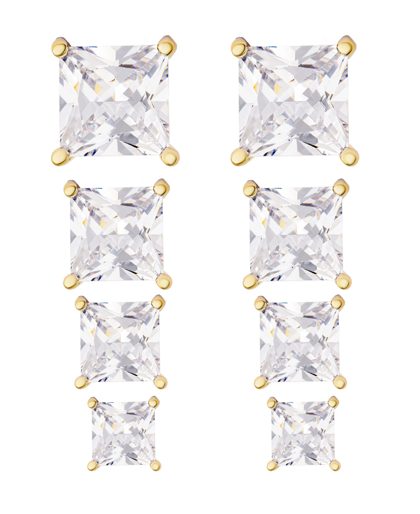 Women's 14k Gold Plated Square Cubic Zirconia Stud Earrings Set, 8 Pieces