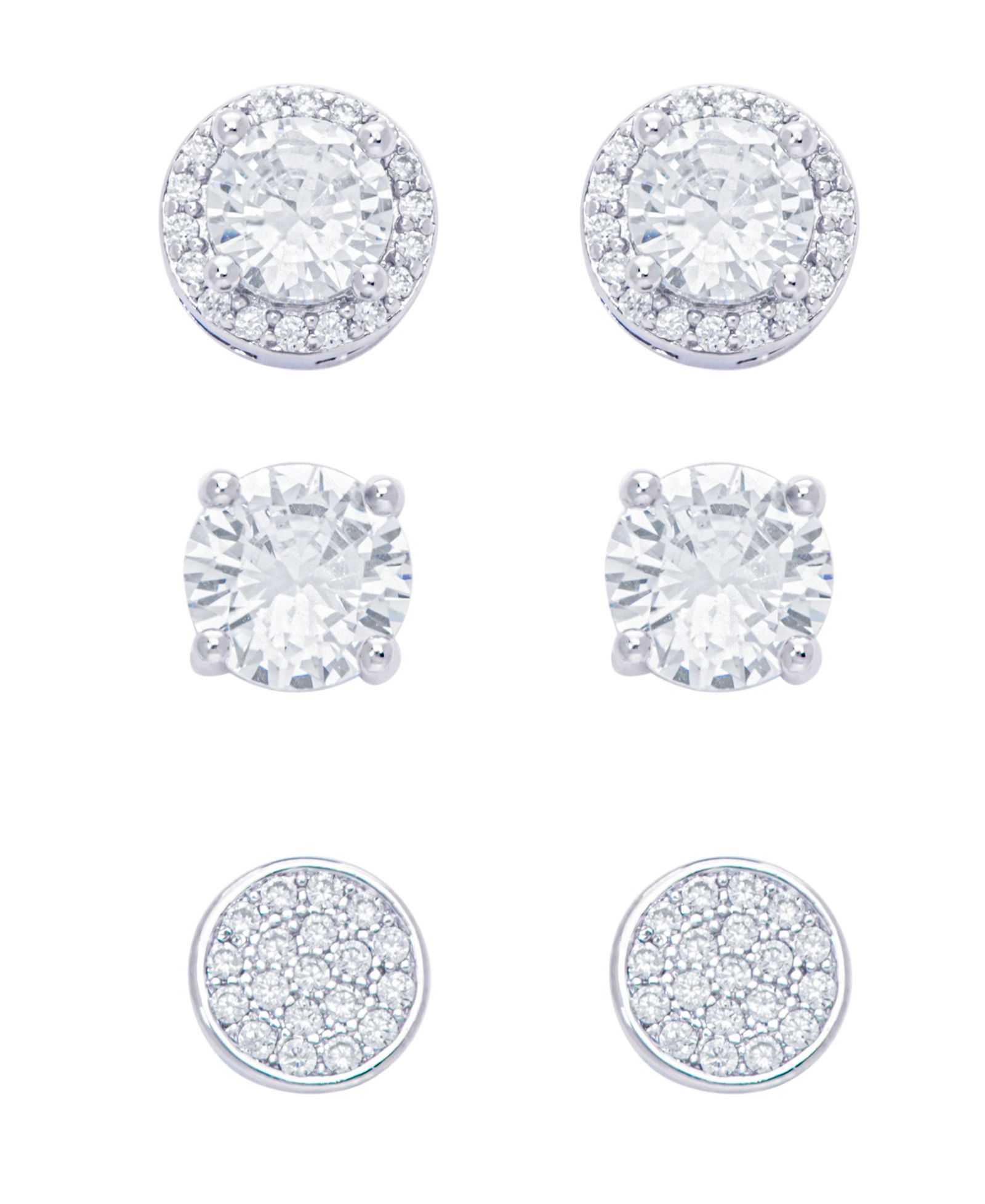 Women's Fine Silver Plated Round, Halo, Cubic Zirconia Stud Earrings Set, 6 Pieces