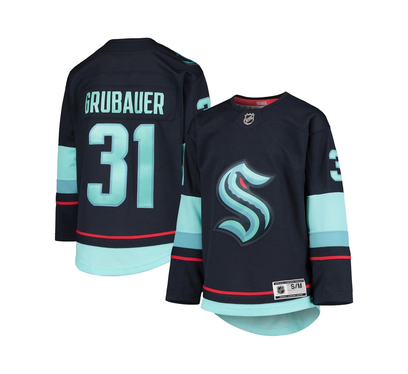 Детская джерси Philipp Grubauer Deep Sea Blue Seattle Kraken Home Premier Player