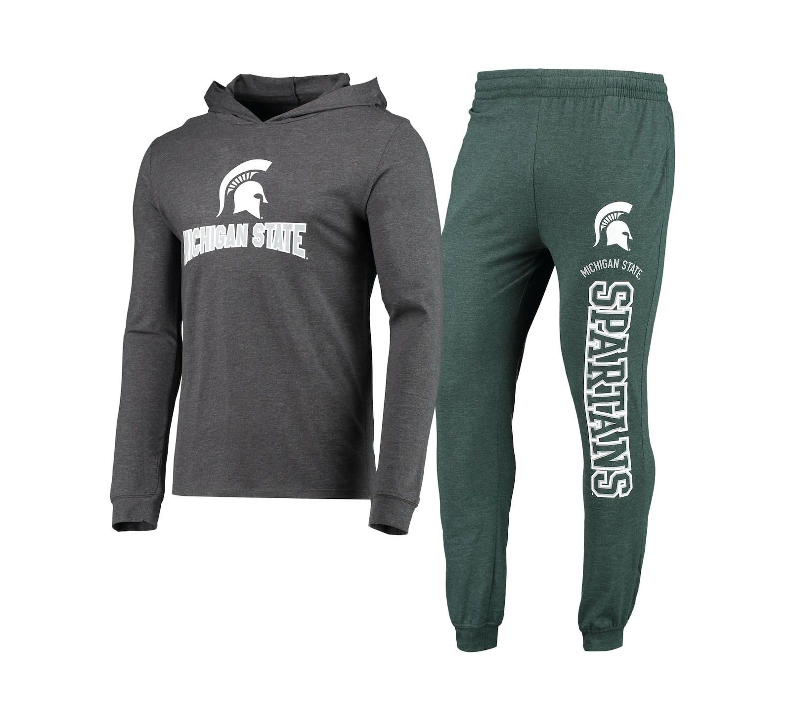 Men's Concepts Sport Heathered Green, Heathered Charcoal Michigan State Spartans Meter Long Sleeve Hoodie T-shirt and Jogger Pants Set